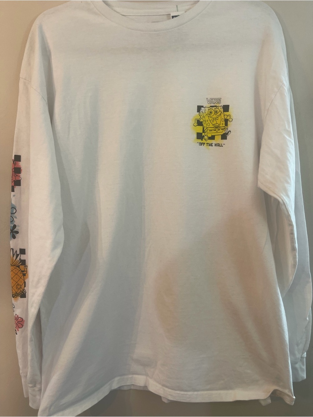 Vans White Long Sleeve Tee with Yellow SpongeBob Chest Graphic